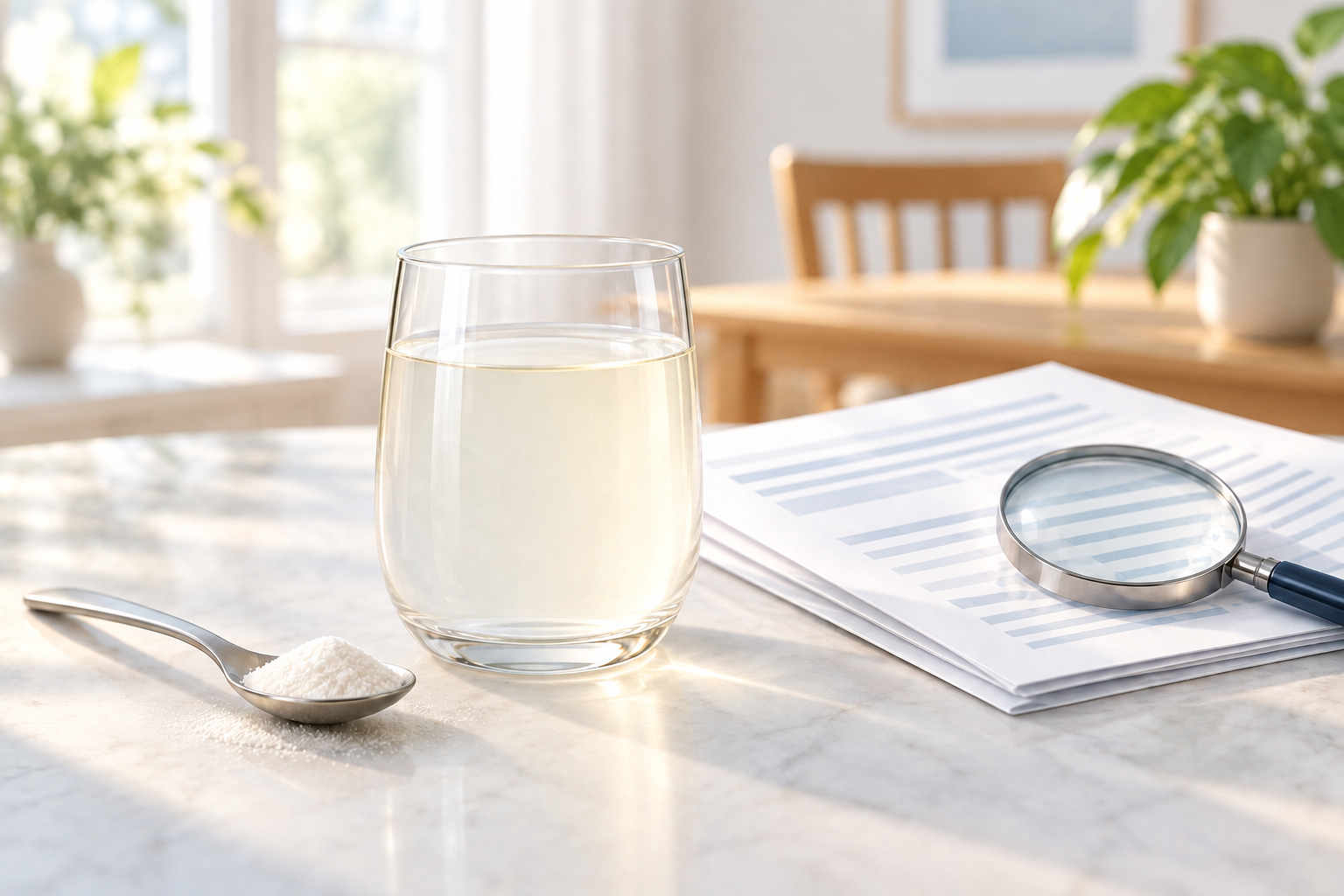 Concept illustration of a drink, a spoon of powder, research papers, and a magnifier in a home dining room