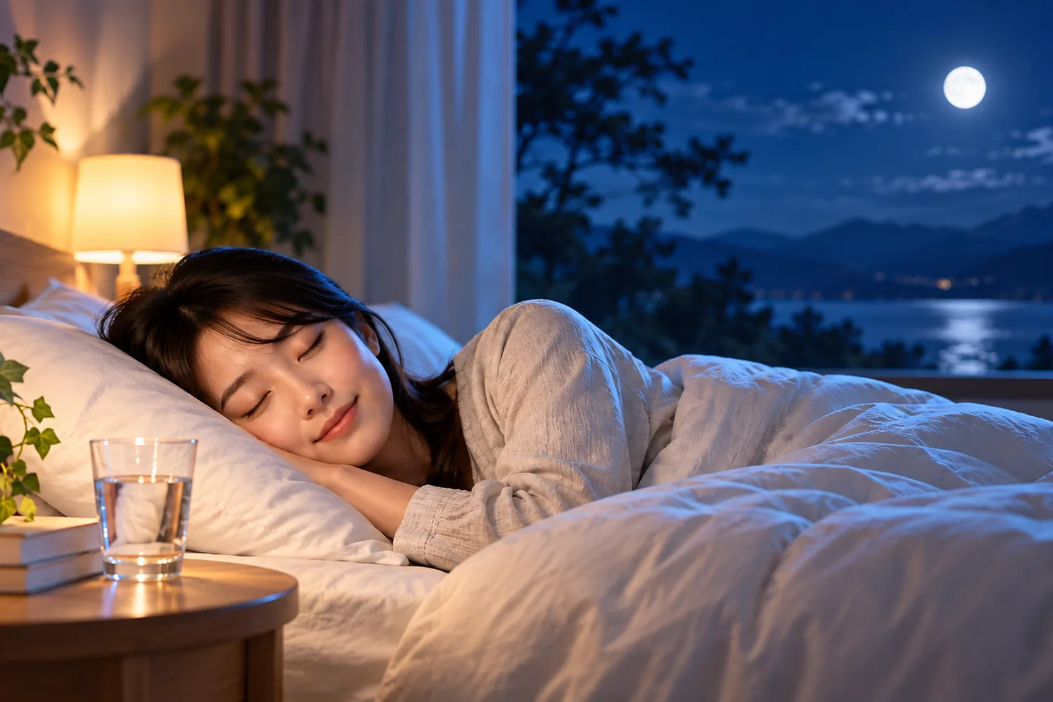 月明かりの寝室で眠る人物、ベッドサイドのランプと水のグラスがある睡眠の概念イメージ